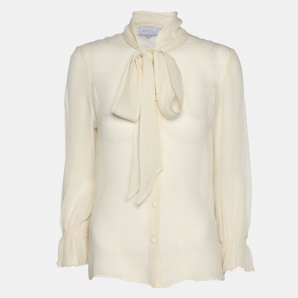 Luisa Beccaria Off White Chiffon Scarf Neck Button Front Blouse S